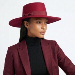 Bold Wine Wide-Brim Felt Hat with Ribbon Bow Band WINE